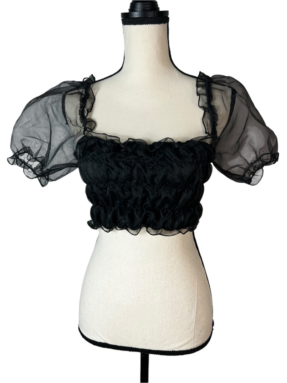 Black Sheer Organza Puff Sleeve Crop Top Goth Fairycore Babydoll Shirt